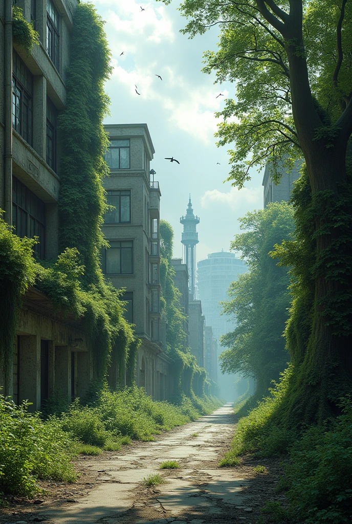 Post apocalyptic nature reclaiming its territory in areas that were once urban