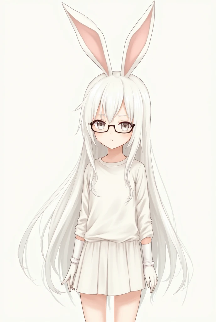 She is a girl, her hair is white, her skin color is albino, her pants and shirt with sleeves are white, she wears long white bunny ears and on her face she wears glasses, she wears a short white skirt and long white gloves and she is anime
