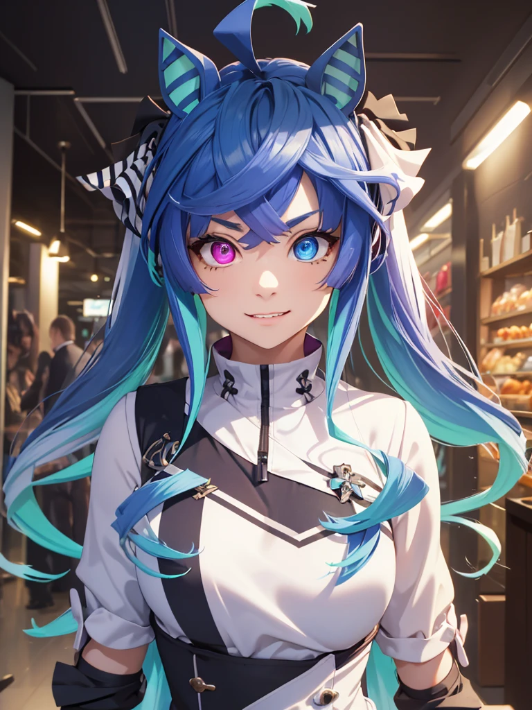(masterpiece、top-quality、hight resolution、Unity 8k、extremely details CG:1,Best Picture), Twin_Turbo_Umamusume, aqua hair, twintails, ((heterochromia, purple eyes, blue eyes, horse ears, horse girl)), sharp teeth, A woman with a sly smile, her eyes sharp and piercing as she confidently says, 'You're still a virgin, aren't you?' Her expression is both teasing and knowing, clearly catching the customer in a lie. Her body language is relaxed, almost playful, as she leans in slightly, enjoying the moment of exposing the truth