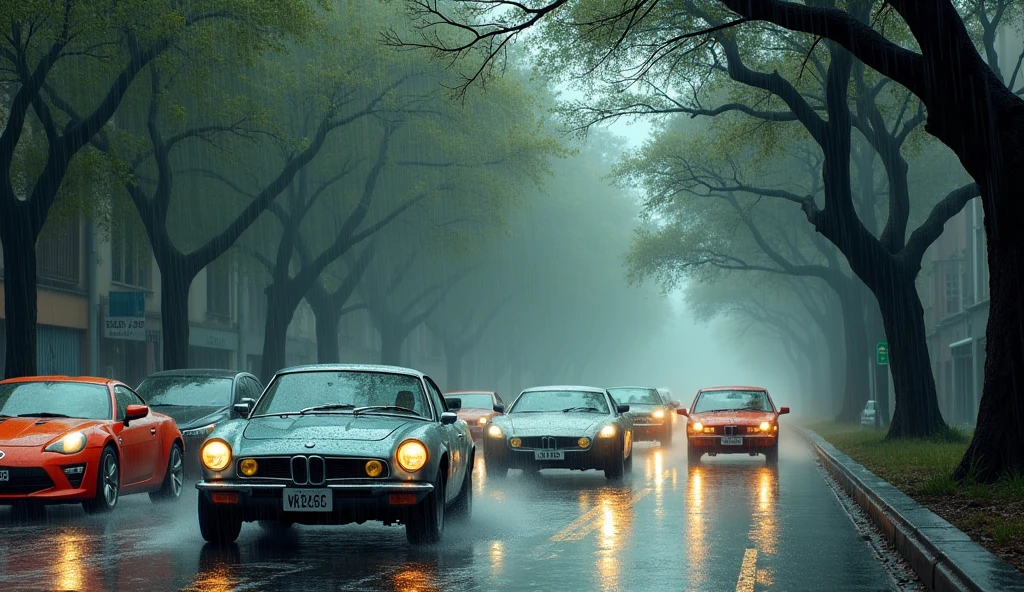 It's raining,Cars of all colors on the street slowed down.。The old trees on both sides of the road swayed in the strong wind