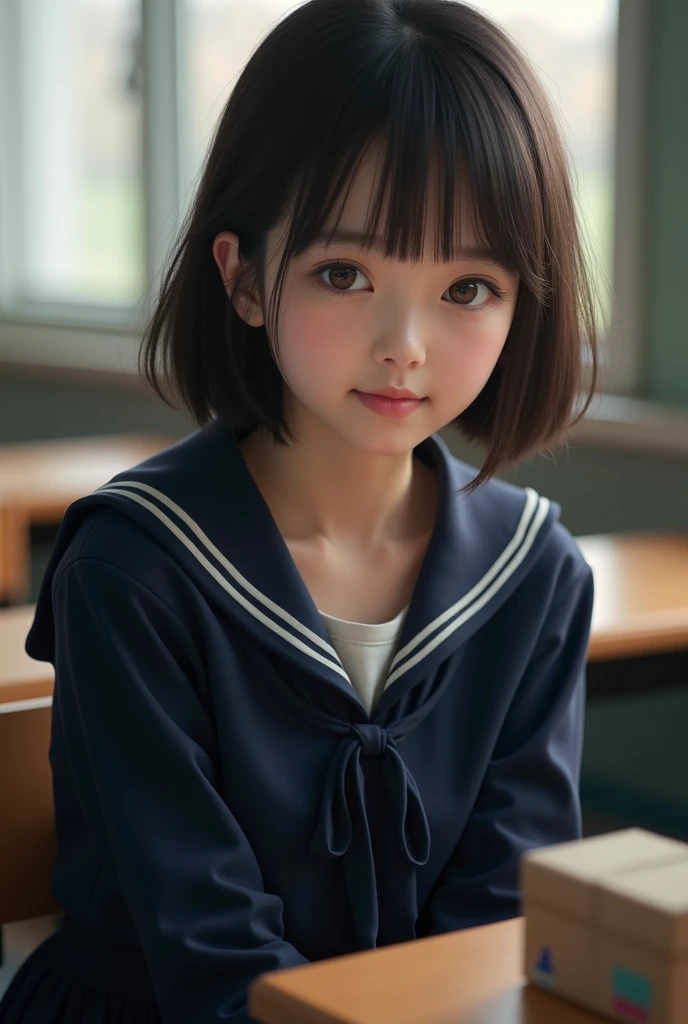 Highest quality, Face Focus, Soft Light, Ultra-high resolution, (Realistic:1.4), RAW Photos, 1 Japan, alone, cute, (A shy smile:0.5), (Brown eyes, Light in your eyes), Beautiful face in every detail, (Small box),(High resolution detail of human skin texture), (Short Bob Hair), break, In the classroom,Navy uniform, Best, skirt