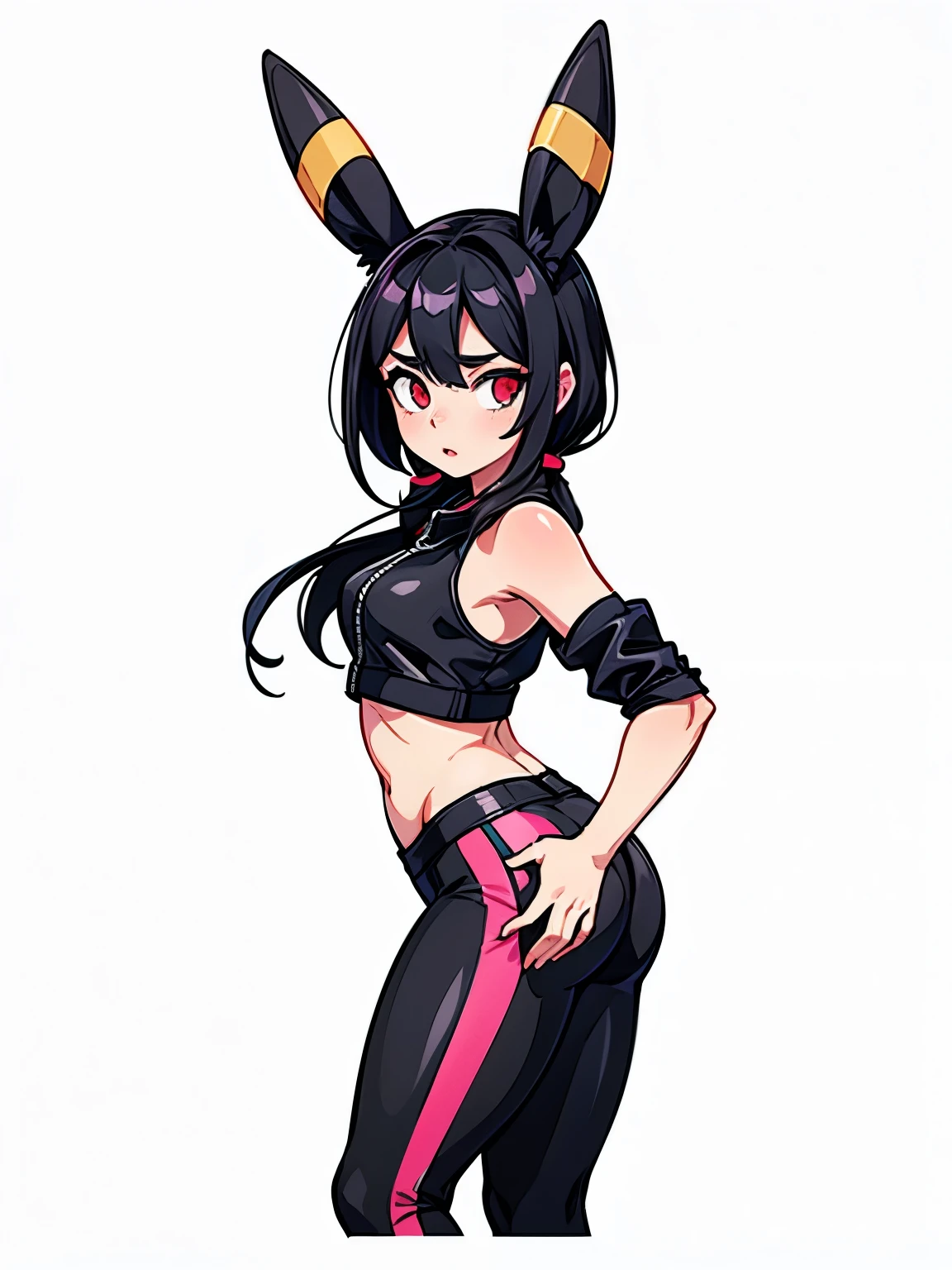 a girl with black hair, umbreon ears, red eyes, wearing black leggins shorts, pink sports bra, medium breasts, open black leather jacket, round ass, small hips, detailed face, beautiful detailed eyes, beautiful detailed lips, extremely detailed eyes and face, long eyelashes, photorealistic, 8k, high quality, hyperdetailed, cinematic lighting, dramatic colors, vibrant, moody, dark fantasy