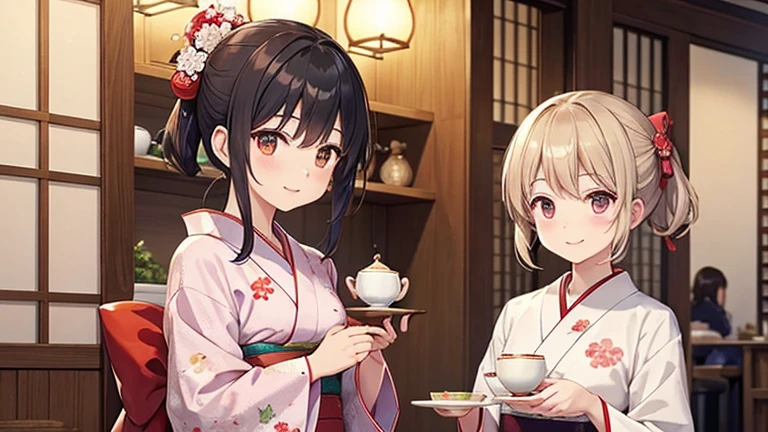A part-time worker wearing a kimono、Please draw an illustration of tea being served at a tea shop.。The woman puts a teacup on a tray.、Serve tea to customers with care。In the background is the interior of a traditional teahouse.。
