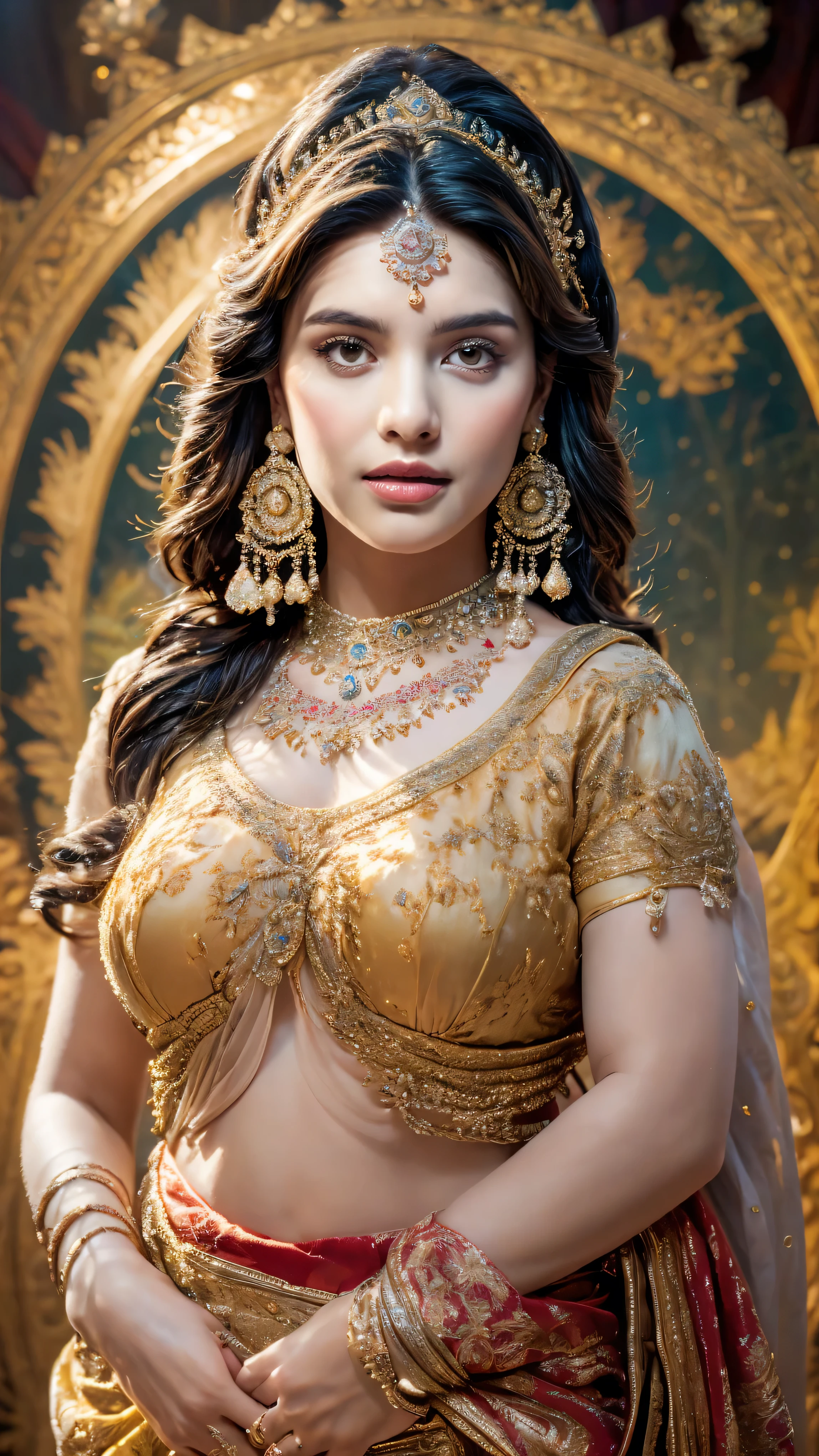 ((Best quality, 8k, Masterpiece :1.3)), Sharp focus :1.2, Generate a realistic image of a beautiful sexy Indian woman plus size body: 8.5 dressed in a white enchanted Kasava saree, adorned with traditional ornaments, standing in a well-lit room with cinematic lighting. ((Front view, random elegant pose)), and there is a sense of grace and elegance in her posture. The background should complement the scene, enhancing the overall aesthetic appeal of the image. Photography by Brandon Woelfel, Full shot: Canon EF 16-35mm f/2.8L III USM lens on a Canon EOS 9D Mark IV camera, ultra realistic, k, HD