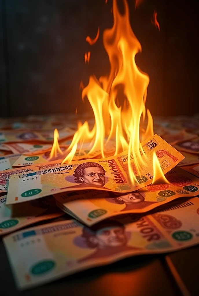 Create for me an image of Brazilian money on fire