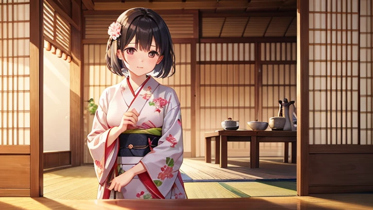 A part-time woman in a kimono working at a teahouse、Please draw an illustration of tea ceremony utensils being arranged.。The woman has a concentrated expression、Preparing to make tea。The background features bamboo fences and tatami floors.、There is a calm atmosphere。