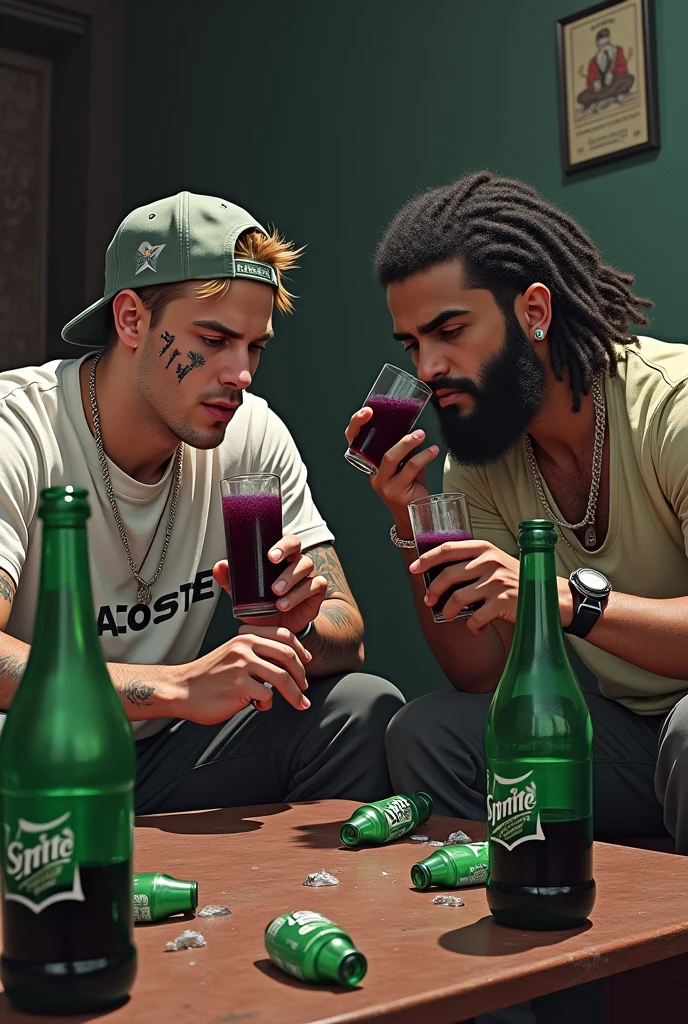 two young men, one with short hair and a cap backwards, with tattoos on the face, na face, Uma estrela, wearing lacoste and another with a black beard and curly blond hair, big teats, below the shoulder, with braids. Both drinking glasses of blackcurrant juice, and a poison symbol on the bottles. With sprite bottles thrown around. And Xanax bars