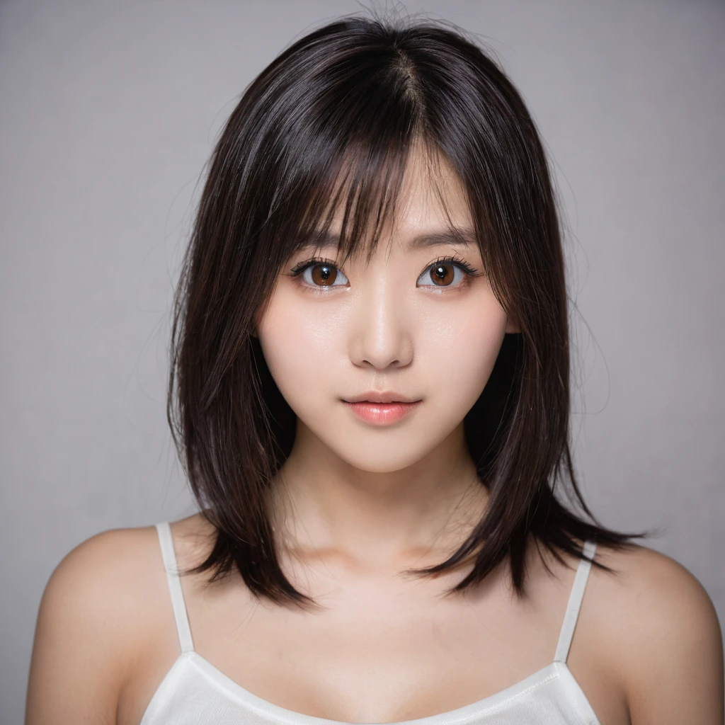 Yui, photo of female, age 15 year, perfect circle brown pupils, small eyes, wide mouth, black shoulder length hair with brown highlights, big breasts; (rim lighting, studio lighting, dslr, ultra quality, film grain, Fujifilm XT3, crystal clear, 8K UHD, highly detailed glossy eyes, high detailed skin, skin pores);