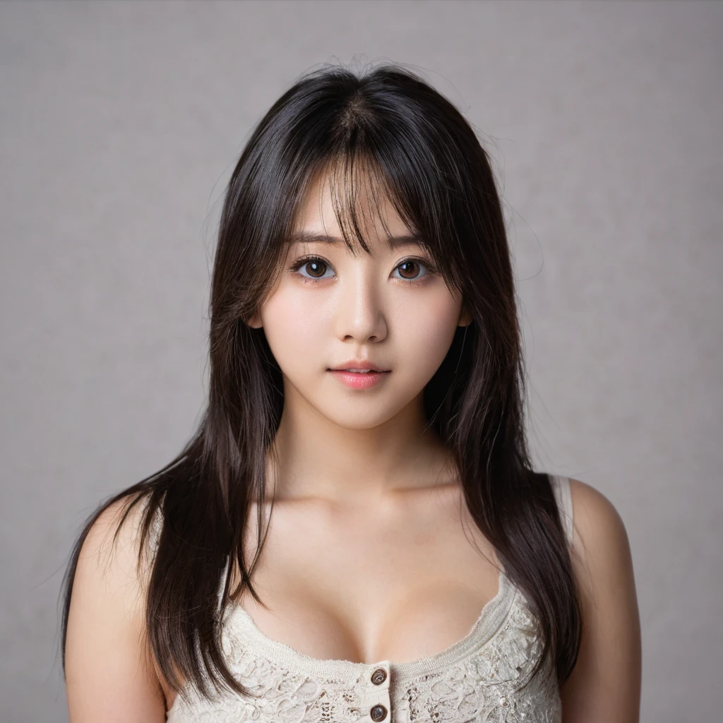 Yui, photo of female, age 15 year, perfect circle brown pupils, small eyes, wide mouth, black shoulder length hair with brown highlights, big breasts; (rim lighting, studio lighting, dslr, ultra quality, film grain, Fujifilm XT3, crystal clear, 8K UHD, highly detailed glossy eyes, high detailed skin, skin pores);