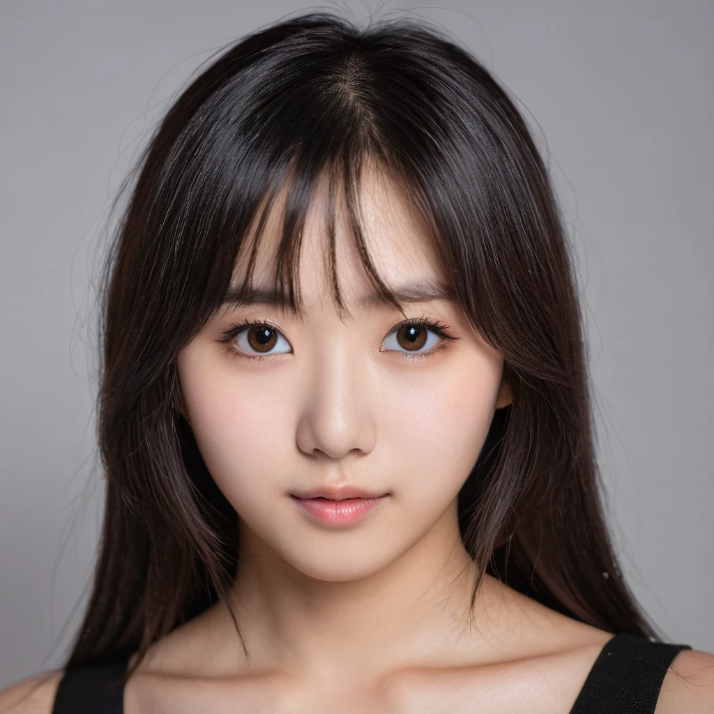 Yui, photo of female, , perfect circle brown pupils, small eyes, wide mouth, black shoulder length hair with brown highlights, big breasts; (rim lighting, studio lighting, dslr, ultra quality, film grain, Fujifilm XT3, crystal clear, 8K UHD, highly detailed glossy eyes, high detailed skin, skin pores); 