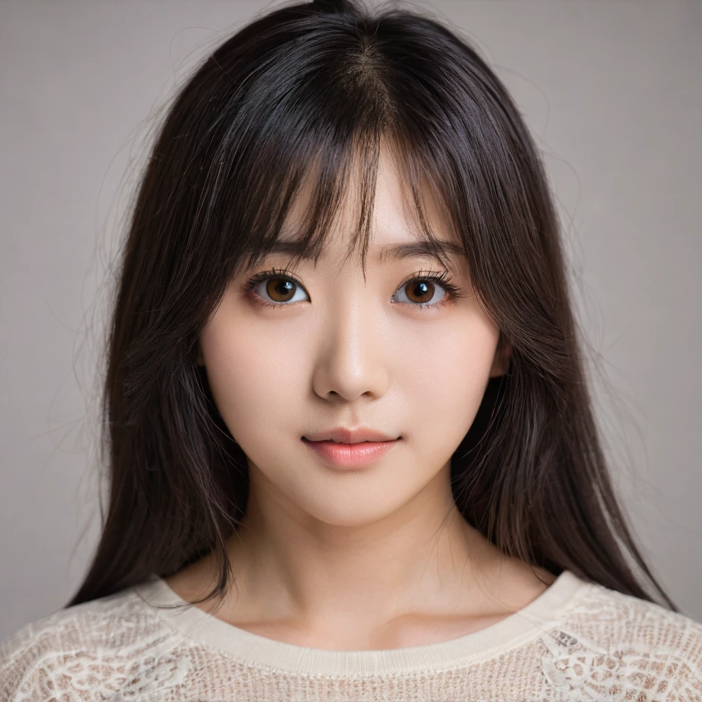 Yui, photo of female, age 15 year, perfect circle brown pupils, small eyes, wide mouth, black shoulder length hair with brown highlights, big breasts; (rim lighting, studio lighting, dslr, ultra quality, film grain, Fujifilm XT3, crystal clear, 8K UHD, highly detailed glossy eyes, high detailed skin, skin pores); 