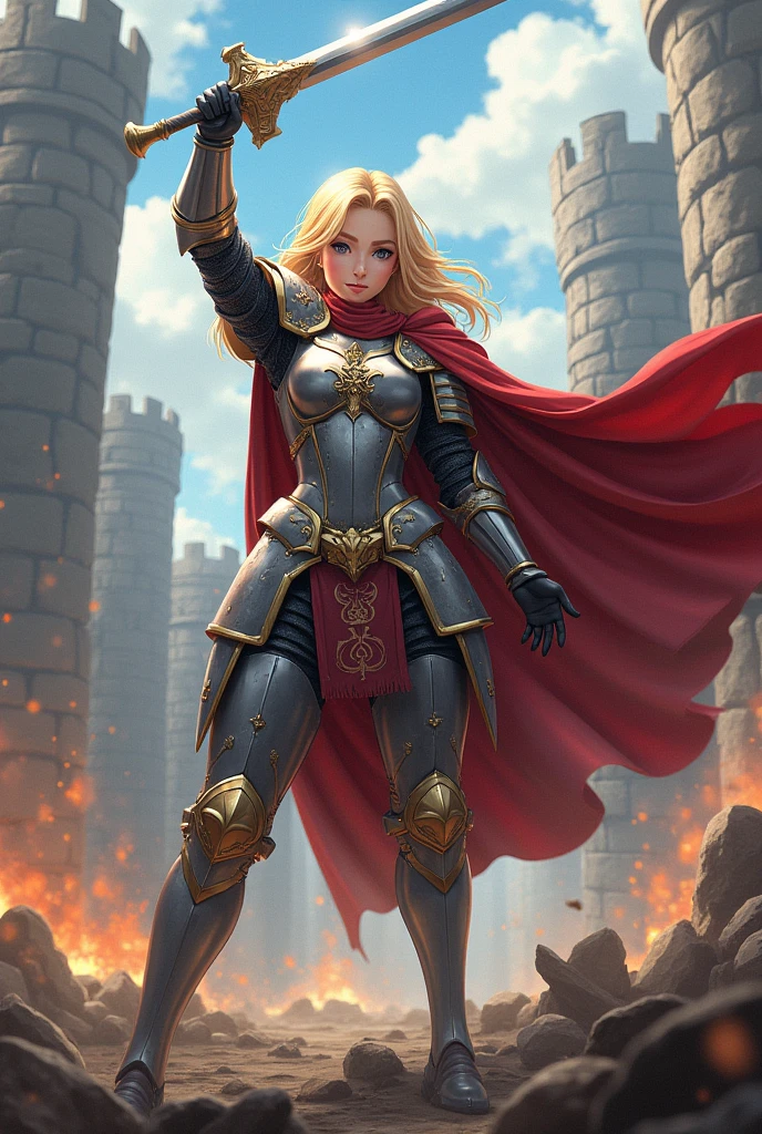 Kara zor the with a complete medieval style suit being an anime paladin fighting
