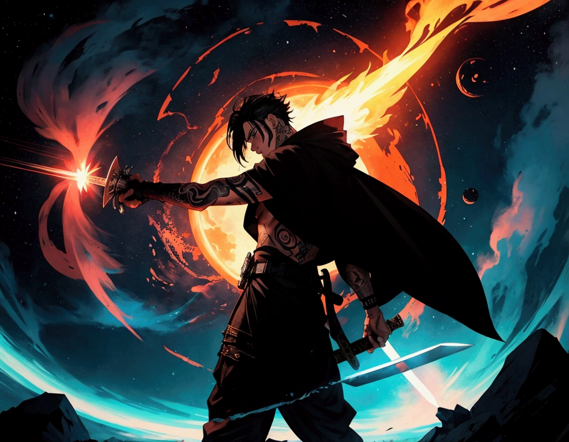 Character with tattoos with his sword in his hands on fire with a black hole in the background