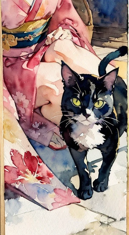 (Watercolor style:1.4), (Muted Tone:1.3), Delicate, Detail, Masterpiece,(colorful)illustration
(best quality:1.2),intricate details, newest, edo,cat,darknight,midnight,
Fantasy world, high leg kimono, attractive, shoulders, thighs,
Living kimono, talking with kimono, moving kimono, discussion heated, fun, several cats in kimono at my feet,
view from above, close up, Calm soothing look, Warm happy reassuring smile,
dynamic angle, dynamic pose, close up,
Artistic masterpieces that will go down in history,