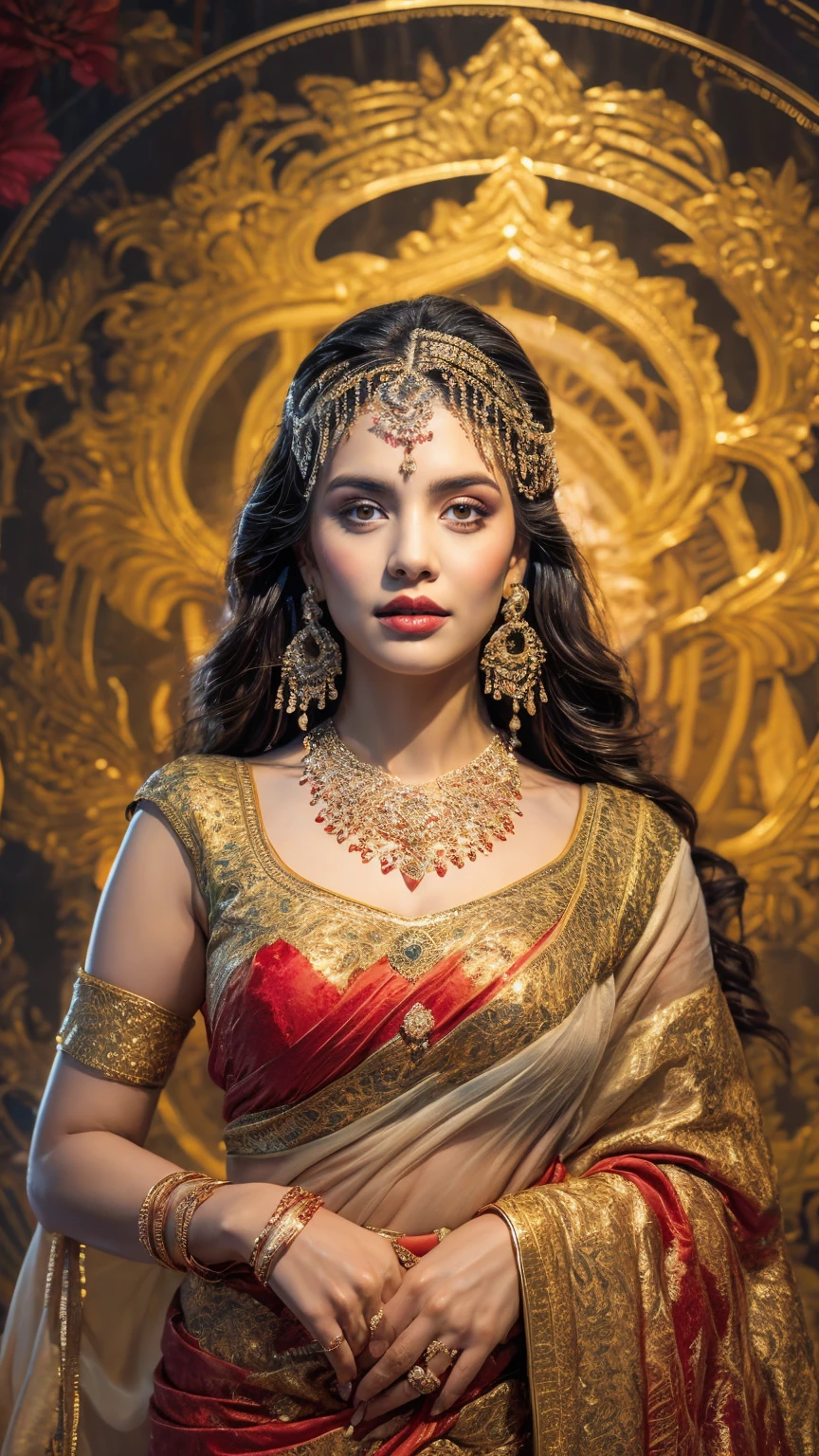 ((Best quality, 8k, Masterpiece :1.3)), Sharp focus :1.2, Generate a realistic image of a beautiful sexy Indian woman plus size body: 8.5 dressed in a white Kasava saree, adorned with traditional ornaments, standing in a well-lit room with cinematic lighting. ((Front view, random elegant pose)), and there is a sense of grace and elegance in her posture. The background should complement the scene, enhancing the overall aesthetic appeal of the image. Photography by Brandon Woelfel, Full shot: Canon EF 16-35mm f/2.8L III USM lens on a Canon EOS 9D Mark IV camera, ultra realistic, 64k, HD