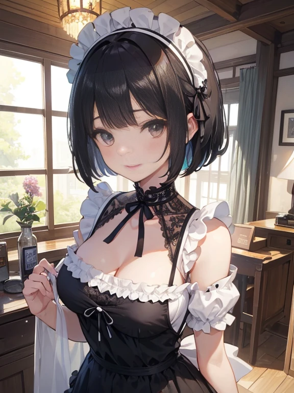 1 Female、Black short hair、Short Bob、Long Bangs、Maid-inspired swimsuit、Chiffon and lace、raffle shoulder, Big fluffy ribbon、Headdress、Apron-like front、detailed face, perfect proportion, smiling full of compassion