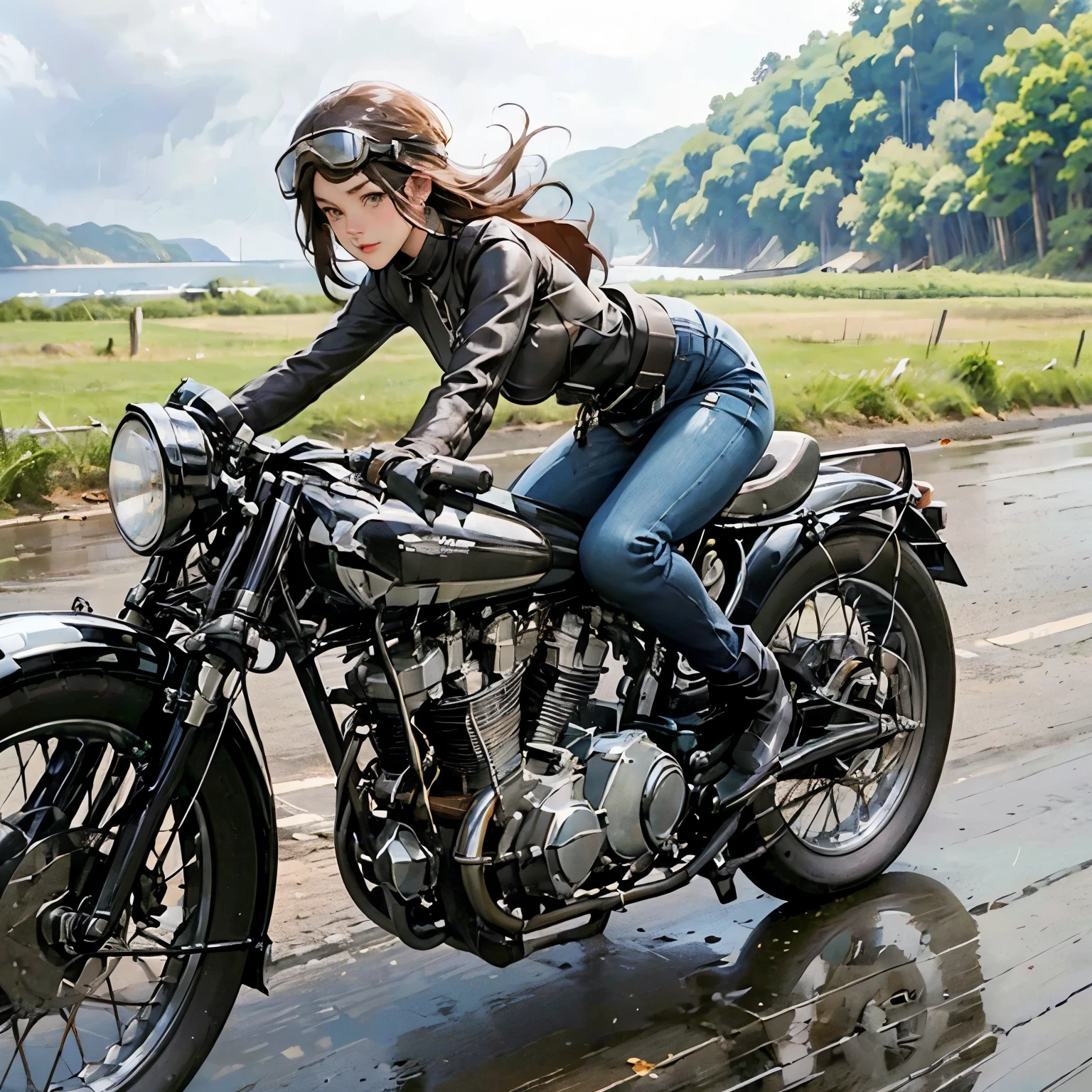 (A young female rider speeds along on a motorcycle)、(Leaning forward:1.2)、Vintage Bikes、Bluff Superior SS100、Isle of Man Races、Leather jumper、Cromwell helmet with goggles、After the Rain、English countryside、(Highest quality, masterpiece, High resolution)、8k、wallpaper