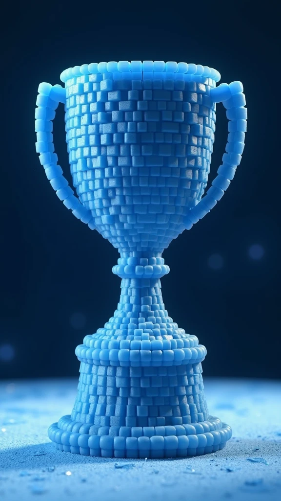 Trophy shape made of small blue cubes，Plastic frosted texture，Deep blue space，Sense of space，Mosaic，The art of math，C4D，OC Renderer，Studio Lighting