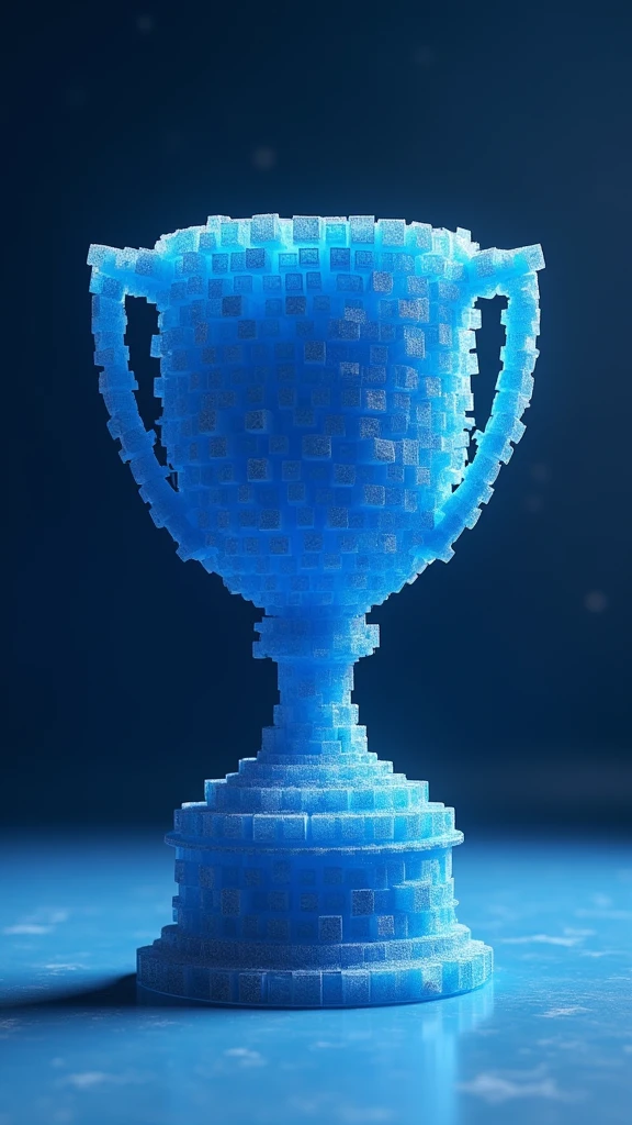 Trophy shape made of small blue cubes,Plastic frosted texture,Deep blue space,Sense of space,Mosaic,The art of math,C4D,OC Renderer,Studio Lighting