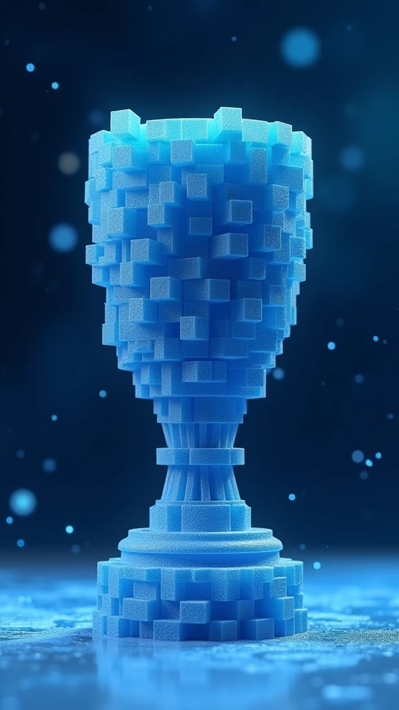 Trophy shape made of small blue cubes,Plastic frosted texture,Deep blue space,Sense of space,Mosaic,The art of math,C4D,OC Renderer,Studio Lighting