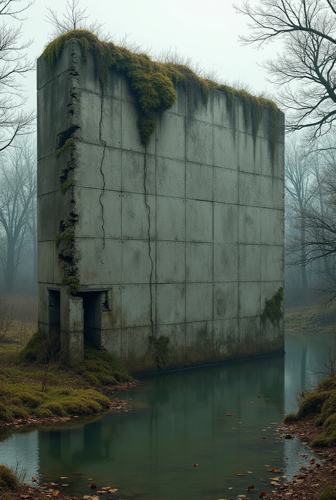 Create a backdrop for a large, grey block wall that appears to be in ruins with moss and looks like it's abandoned and flooded.