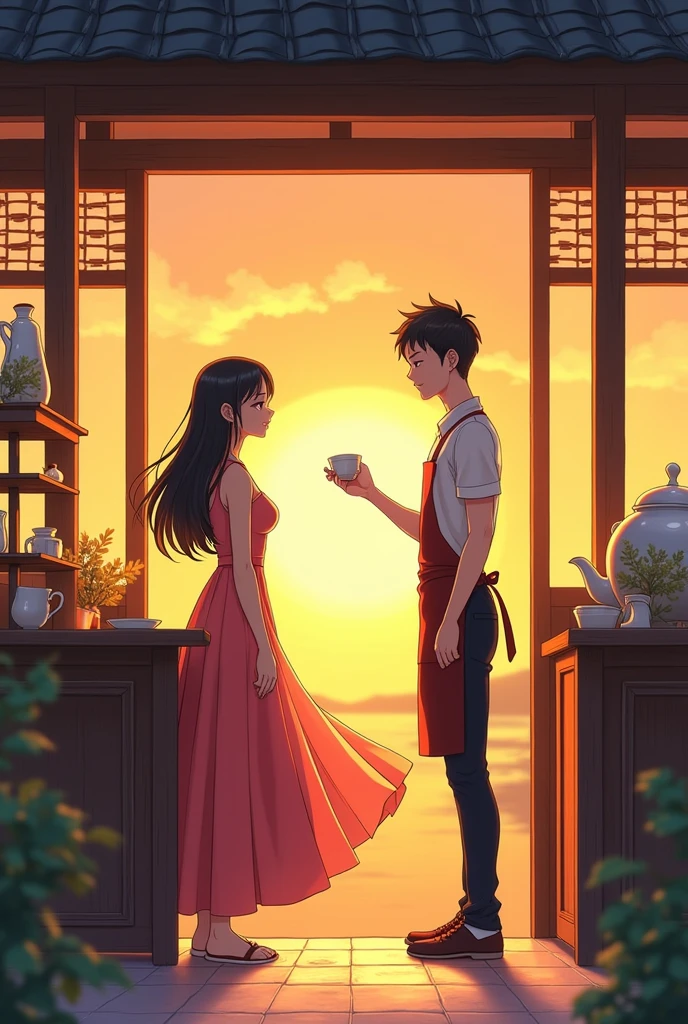 Two characthers in the frame with modern anime theme art. one character is male with flat face expression with coma hairstyle using  white t-shirt and apron on it standing behind the counter. the male character looking at Beautiful female with beautiful smile with long hair and japanese one piece coming from the front door.  The tea shop with western traditional vibe with sunset time setting