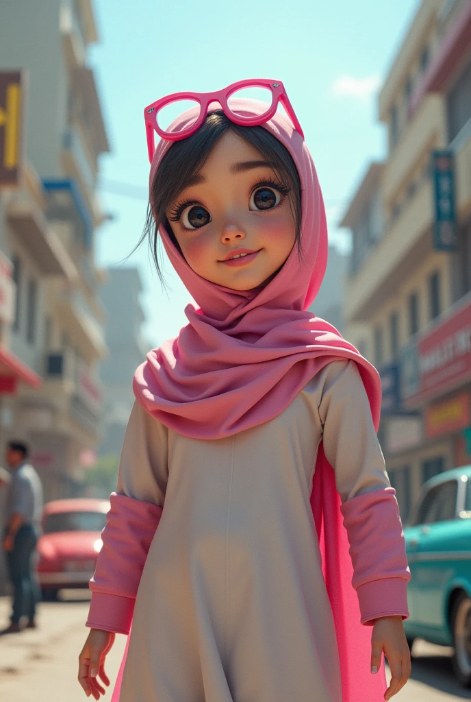 Hijab Muslim. Wear pink white. Pink google spectacle on head. Very cute. Age 15 year old. Jump on and have a super strong power. Lifting the car. 