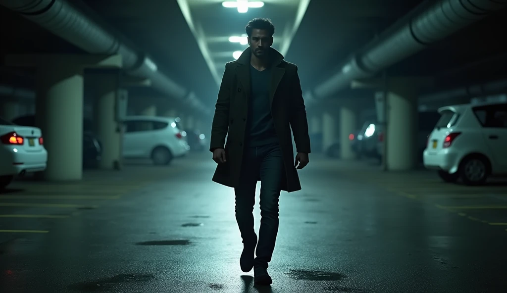 A 25 year old Indian handsome man who is looking for someone in a dark area car parking and is angry, he is wearing black jeans and a coat 