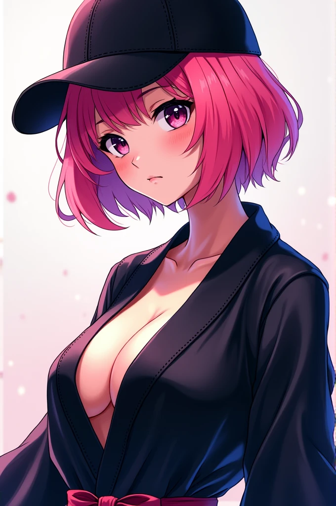 Billionaire girl with short pink hair and wearing a black cap and a black silk robe uncovered in anime style