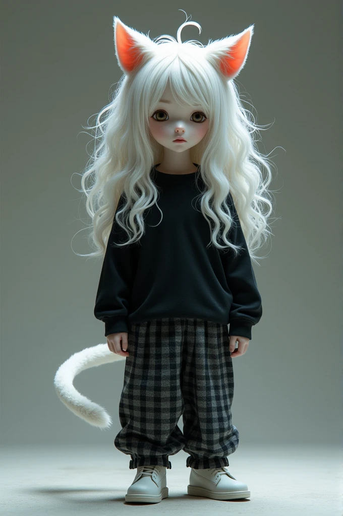 white wavy hair, dark gray black checkered pants, cat ears, black shirt, white shoes
