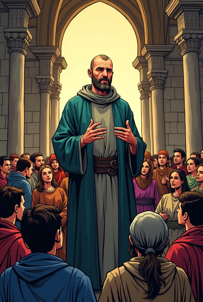 st. thomas aquinas in a comic book form, teaching and leading people