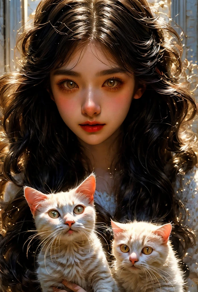 oil painting, (A scene with a woman and a white cat), A portrait expressing the deep bond between a girl and a cat, White cat_expression of delicate details, (Close-up of the upper body_A gaze that looks at the viewer), Peacefulness, high resolution, vivid silhouette, 3D textures, extremely detailed description, Oil painting style,