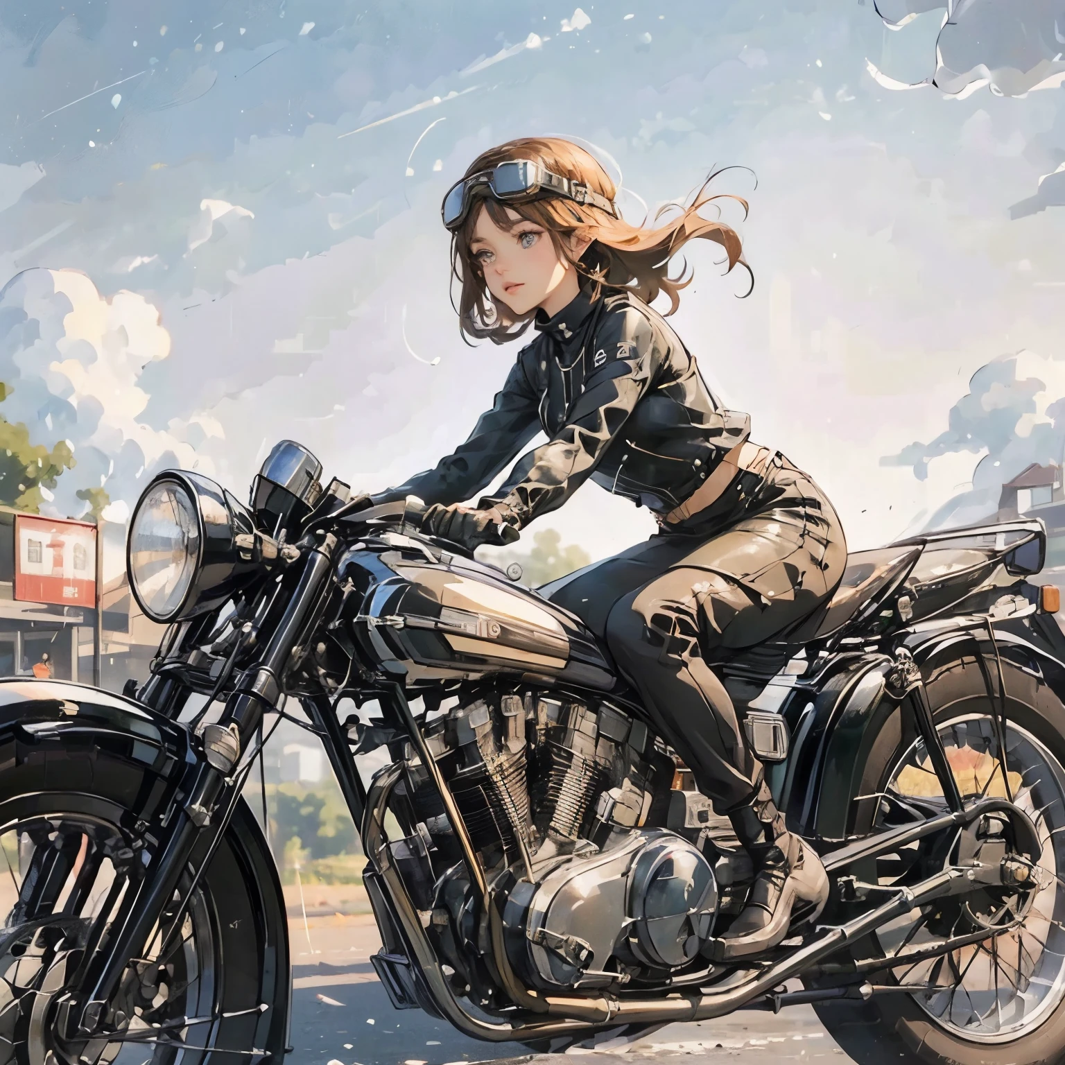 (A young female rider speeds along on a motorcycle)、(Leaning forward:1.2)、Vintage Bikes、Bluff Superior SS100、Isle of Man Races、Leather jumper、Cromwell helmet with goggles、After the Rain、English countryside、(Highest quality, masterpiece, High resolution)、8k、wallpaper