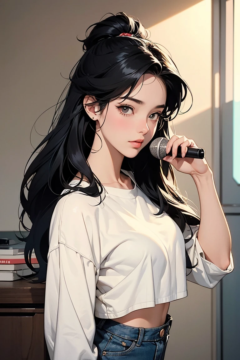 {
"prompt": "Transform the existing image of a young woman with a delicate appearance reminiscent of IU, who is playing an acoustic guitar and singing into a vintage-style stand microphone, into a highly detailed vintage 1980s anime style. The woman has long, straight black hair cascading over her shoulders and is dressed in a simple yet stylish outfit—a black crop top and denim hot pants—exuding both youthful charm and sophistication.
Apply bold, clean lines to define the contours of her face, hair, and guitar, ensuring that the outlines are sharp and prominent, typical of the 80s anime era. Use vibrant yet slightly desaturated colors to evoke the nostalgic feel of 80s animation. Fill the colors flatly with minimal gradients, focusing on simplicity while maintaining depth through selective shading, especially around her facial features, hair, and clothing folds. The shading should use soft shadows and cel-shading techniques characteristic of the time.
Add a grainy noise effect to the entire image to replicate the texture of old animation cels or VHS recordings, ensuring the noise is fine and evenly distributed to enhance the aged appearance without overwhelming the details. Introduce a slight blur or softness around the edges to mimic the hand-drawn animation look, with lines and colors blending gently. Apply a faint vignette effect around the corners of the image to draw focus towards the center, simulating the look of older animation frames with slightly darker edges.
The final image should capture the essence of 1980s anime with the precision of the original photo, adding texture, and subtle imperfections that give it an authentic, retro charm. The scene should convey the emotion and sincerity of her performance, with the acoustic guitar, microphone, and her expressive face all rendered in the classic anime style."
}