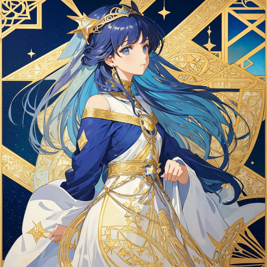 1 girl, (masterpiece, highest quality, highest quality, beautiful and aesthetic: 1.2), (1 girl: 1.3), lots jewelry, delicate clothing, square picture frame, ((face)), cool face, Alphonse Mucha's, Traditional Arab blue dress, color hairstyle, Ultra-detailed, Soft Light, Gentle colors, solo, dynamic, (((geometric star patterns in the background))), profile,低めのポニーテール,