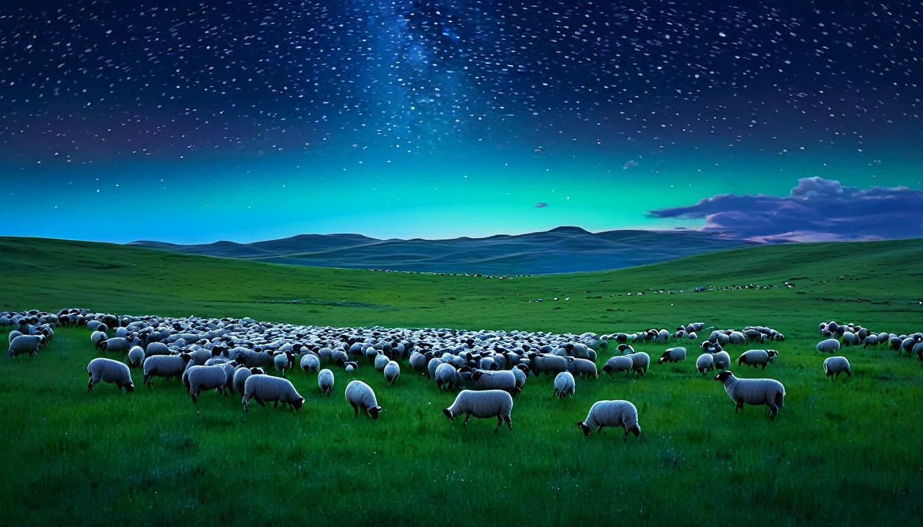 Starry night landscape on a romantic and healing prairie with a herd of sheep, capturing the essence of tranquility, detailed with vibrant colors, formatted for a 9:16 vertical screen aspect ratio