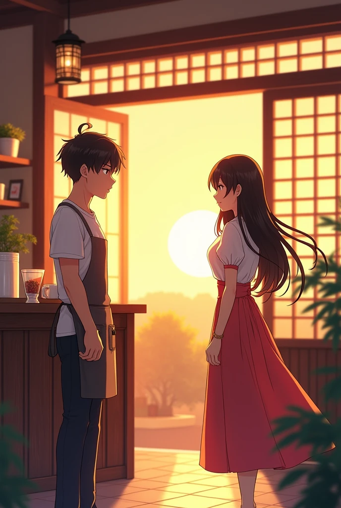 Two characthers in the frame with modern anime theme art. one character is male with flat face expression with coma hairstyle using white t-shirt and apron on it standing behind the counter. the male character looking at Beautiful female with beautiful smile with long hair and japanese one piece coming from the front door. The tea shop with western traditional vibe with sunset time setting