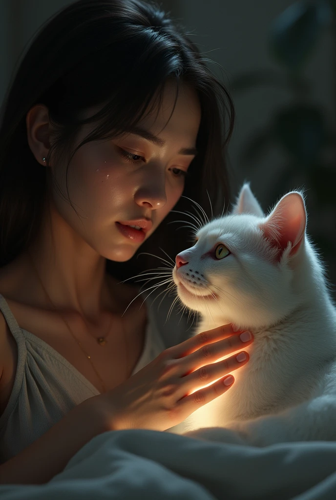 Create a realistic image of a crying woman with an American Shorthair cat's ethereal presence beside her, conveying a sense of companionship and emotional support. The scene should be intimate and soulful with gentle lighting.