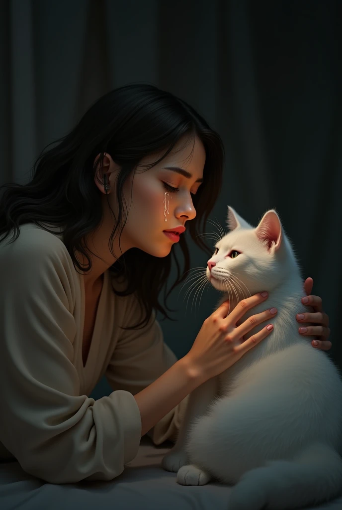 Create a realistic image of a crying woman with an American Shorthair cat's ethereal presence beside her, conveying a sense of companionship and emotional support. The scene should be intimate and soulful with gentle lighting.