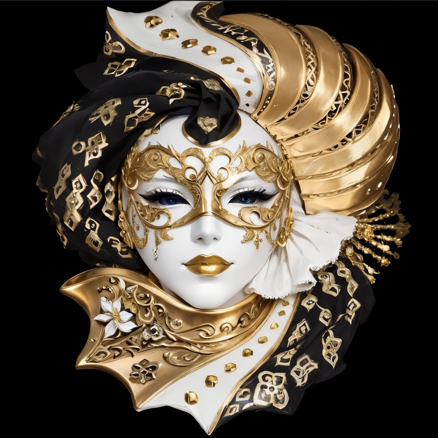 a close up of a Maske with a gold and white design, venetian Maske, ornate Maske, carnival Maske, vega Maske, golden Maske, black pulcinella masquerade Maske, detailed Maske, black pulcinella Maske, intricate Maske, maskiert, gold Maske, masquerade Maske, detailed face with Maske, wearing a bejeweled Maske, domino Maske, Maske