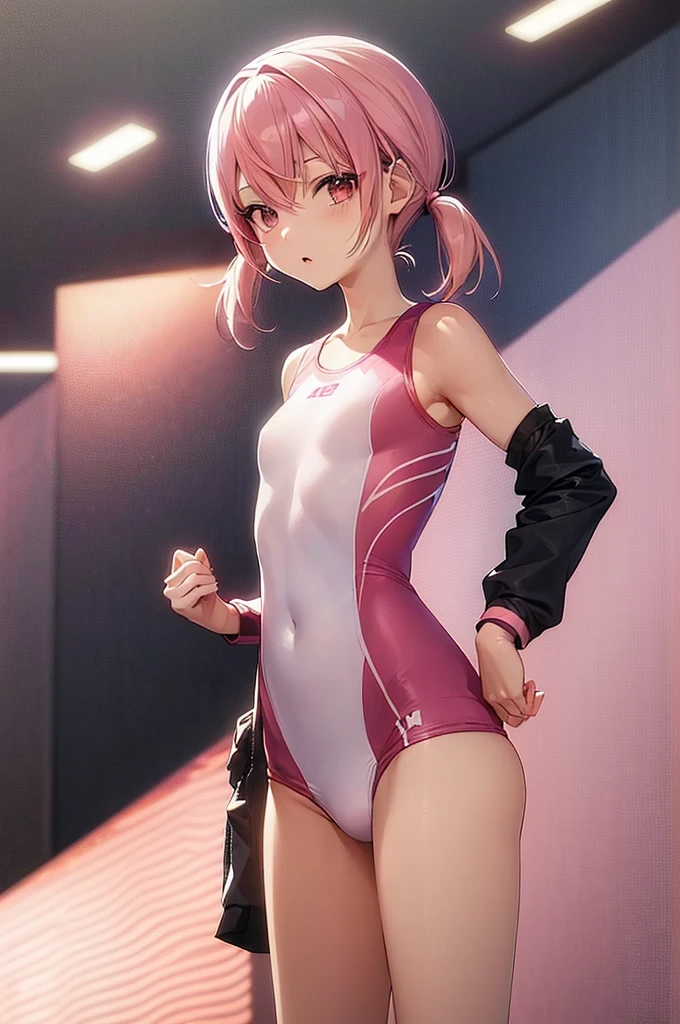 masterpiece, best quality,anime style, 1 girl,(((slender body))), (((small eyes))),(((athlete suit))), (beautiful face), (((short twintail))), (((straight hair))), ((((pink hair)))),detailed beautiful skin, (perfect hands, perfect anatomy),scream