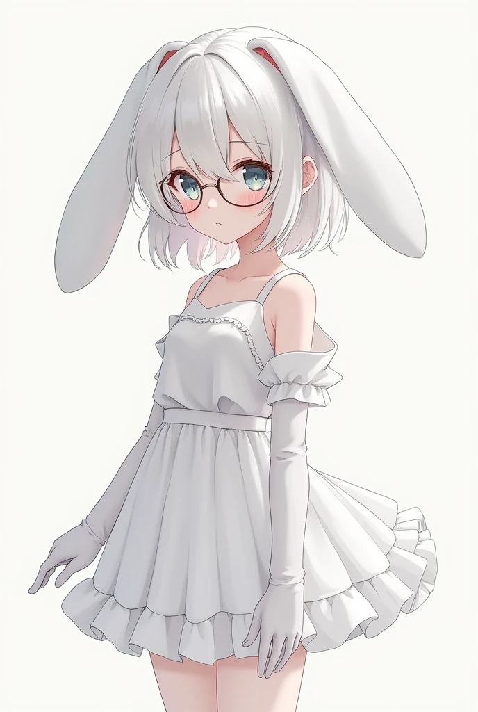 She is a girl, her hair is white, her skin color is albino, her pants are white and her shirt is white, she wears long white bunny ears and on her face she wears glasses, she wears a short white skirt over white pants and long white gloves and she is anime