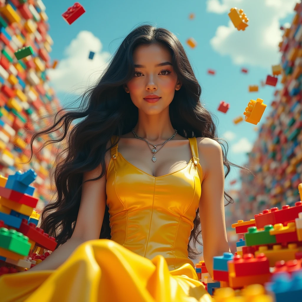 Beautiful 26-year-old girl in straight and long black just a shiny yellow apron in the middle of a pile of legos in suspended space.. Excellent quality, high detail. 8k image,ducj shot, low angle. This God view shot is detailed photo, beautiful Italian woman, prominent breast, clear breast curve. لگو در اطرافش در بک گراند و در فورگراندCovered in lego anklets, lego, and lego, she poses in lego as she laughs.
(masterpiece, award-winning work of art)
High detail, extreme lego, full of details,