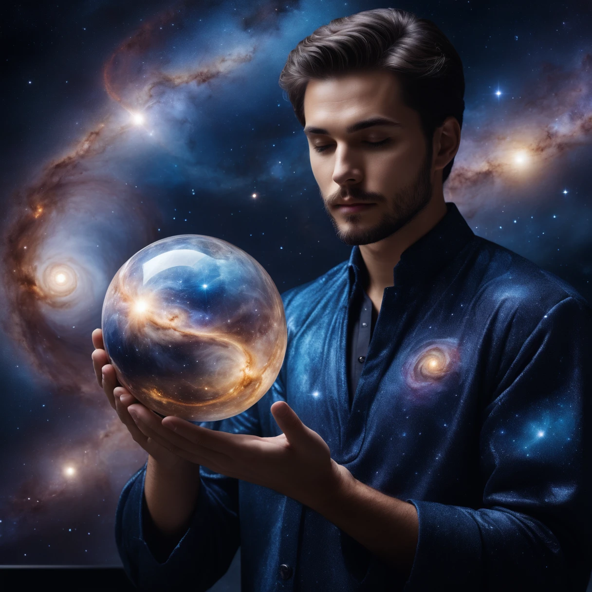 close up of a man, holding a small ball in his hands, which contains an entire galaxy., Swirling nebulae and distant star systems are visible, reflections on the surface of marble, displaying his surroundings, Lighting, emphasizing the depth and space inside