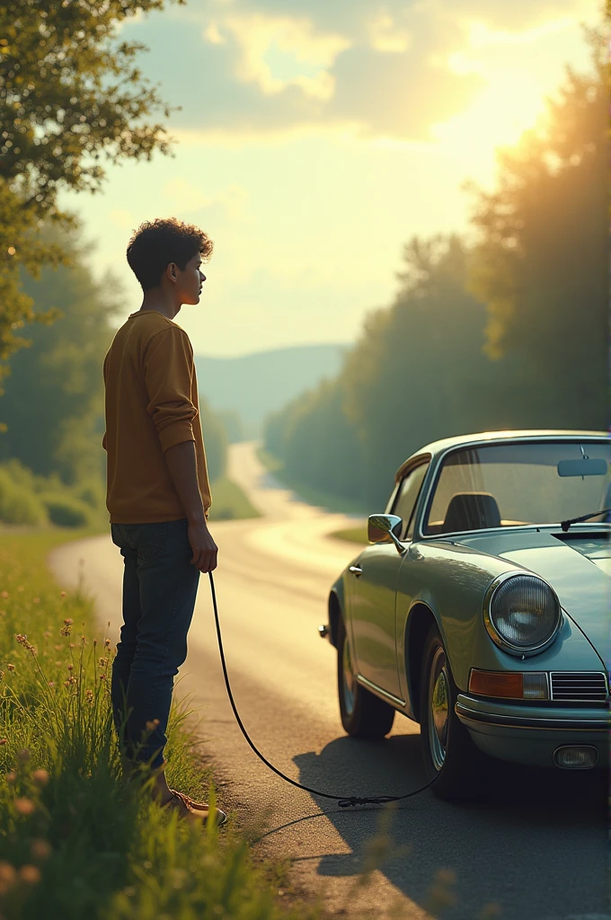 The lover waits for his girlfriend by looking at the car tied to his hand