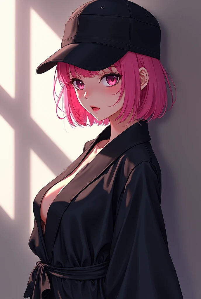 Billionaire girl with short pink hair and wearing a black cap and a black silk robe revealing her body in anime style