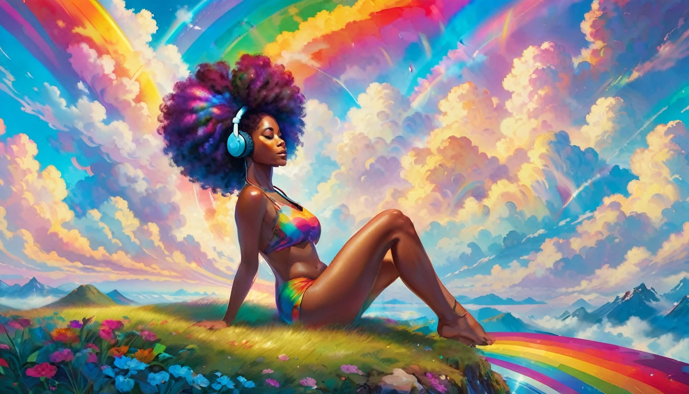 A stunningly ethereal black woman with big Afro, wearing headphones, composed of a dazzling array of rainbow hues, reclines gracefully at the end of a radiant rainbow amidst the fluffy clouds in the sky. Bathed in dynamic and enchanting lighting, accentuates her vibrant, full-bodied form. Fantasy art. Masterpiece 