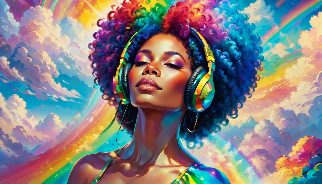 A stunningly ethereal black woman with big Afro, wearing headphones, composed of a dazzling array of rainbow hues, reclines gracefully at the end of a radiant rainbow amidst the fluffy clouds in the sky. Bathed in dynamic and enchanting lighting, accentuates her vibrant, full-bodied form. Fantasy art. Masterpiece