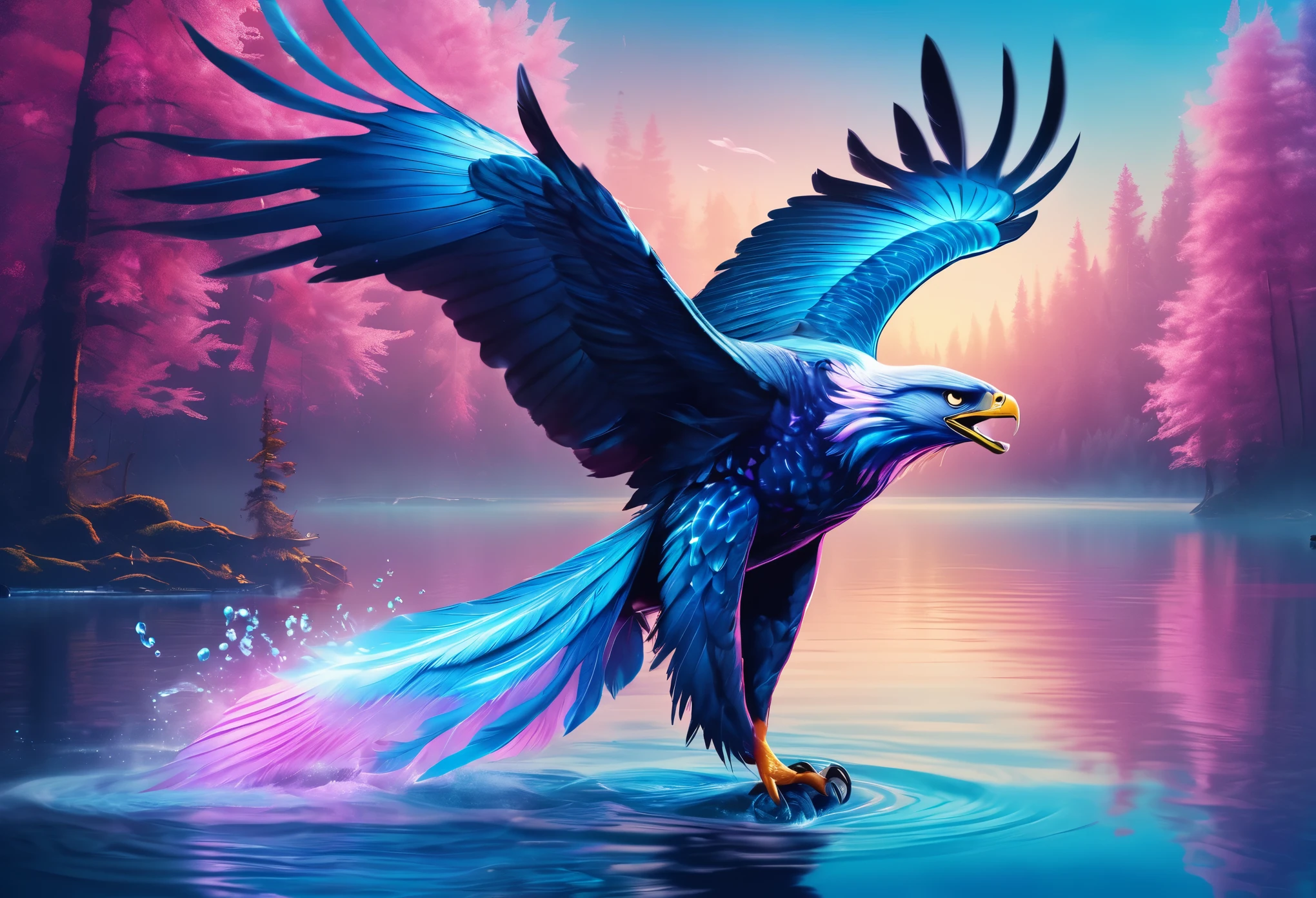 (Fantasy) An electric eagle (blue color schemed feathers, glowing eyes) is flying up in the air with a big pink salmon in its claws, water disturbed under the fish, serene lake and forest