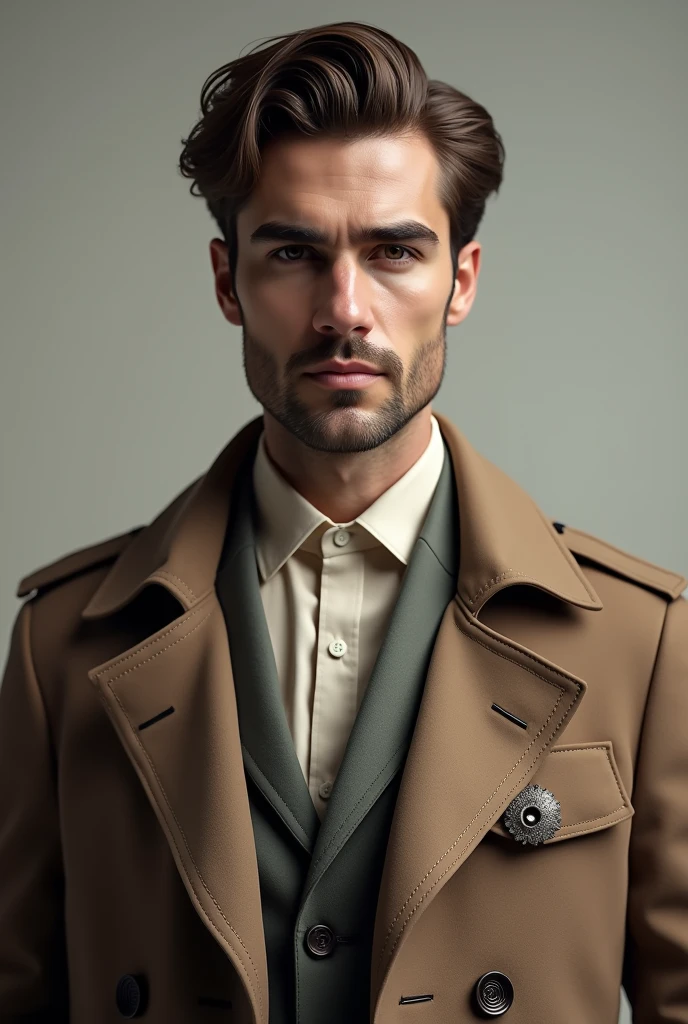 A Handsome man , wear a jacket and design dress or beg